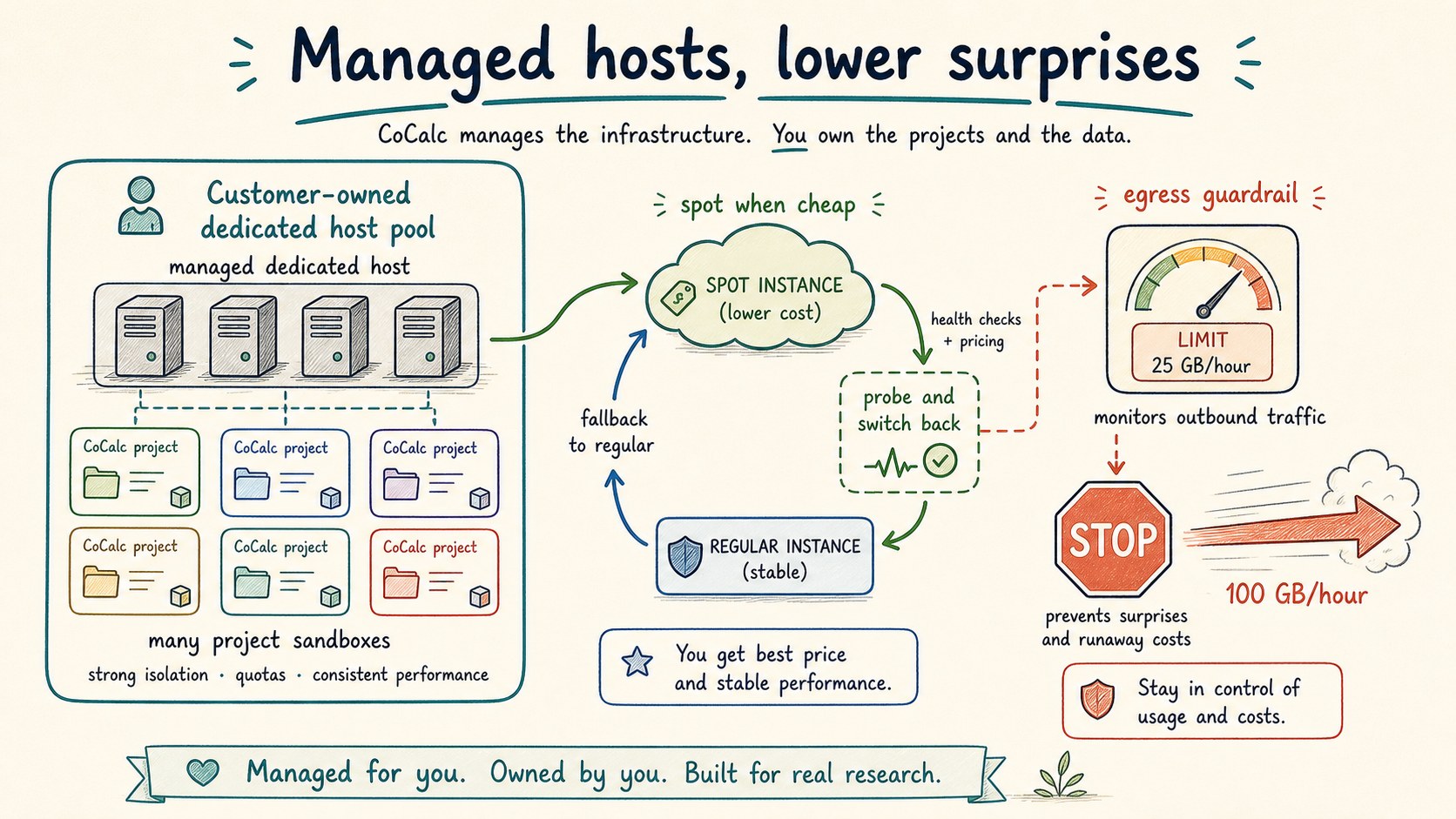 Diagram of managed dedicated hosts, spot fallback and recovery, and egress guardrails for CoCalc projects