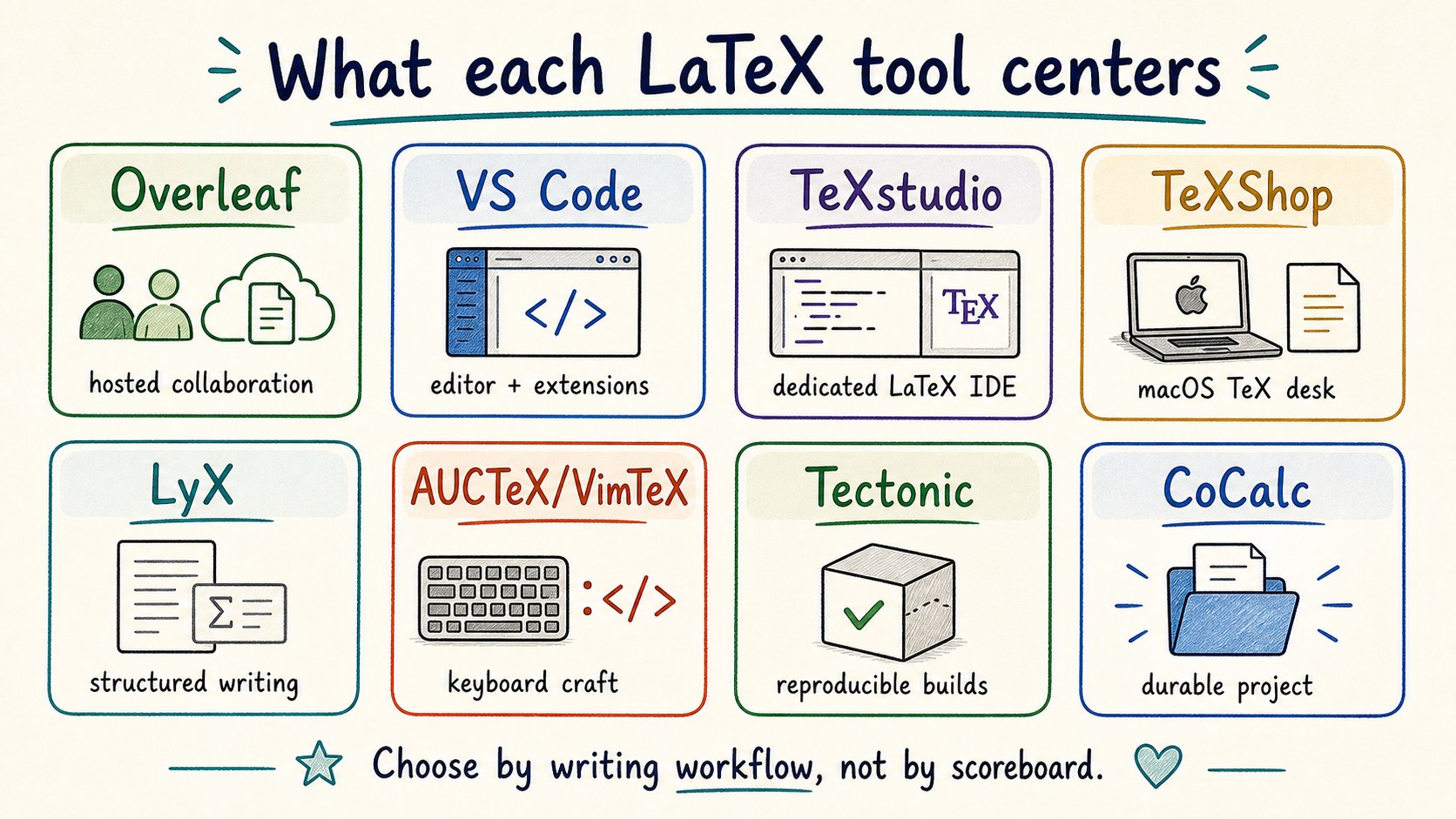 Comparison cards showing Overleaf, VS Code, TeXstudio, TeXShop, LyX, AUCTeX and VimTeX, Tectonic, and CoCalc by center of gravity