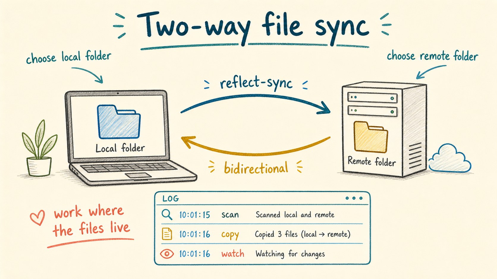 Illustration of bidirectional file sync between a local folder and a remote folder using reflect-sync