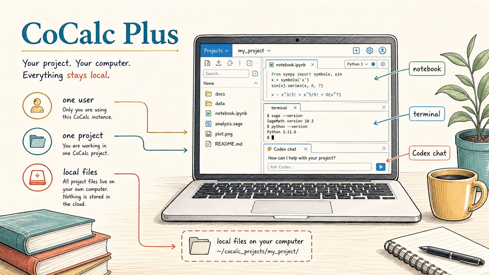 Illustrated CoCalc Plus workspace on a laptop with one project, local files, terminal, notebook, and Codex chat