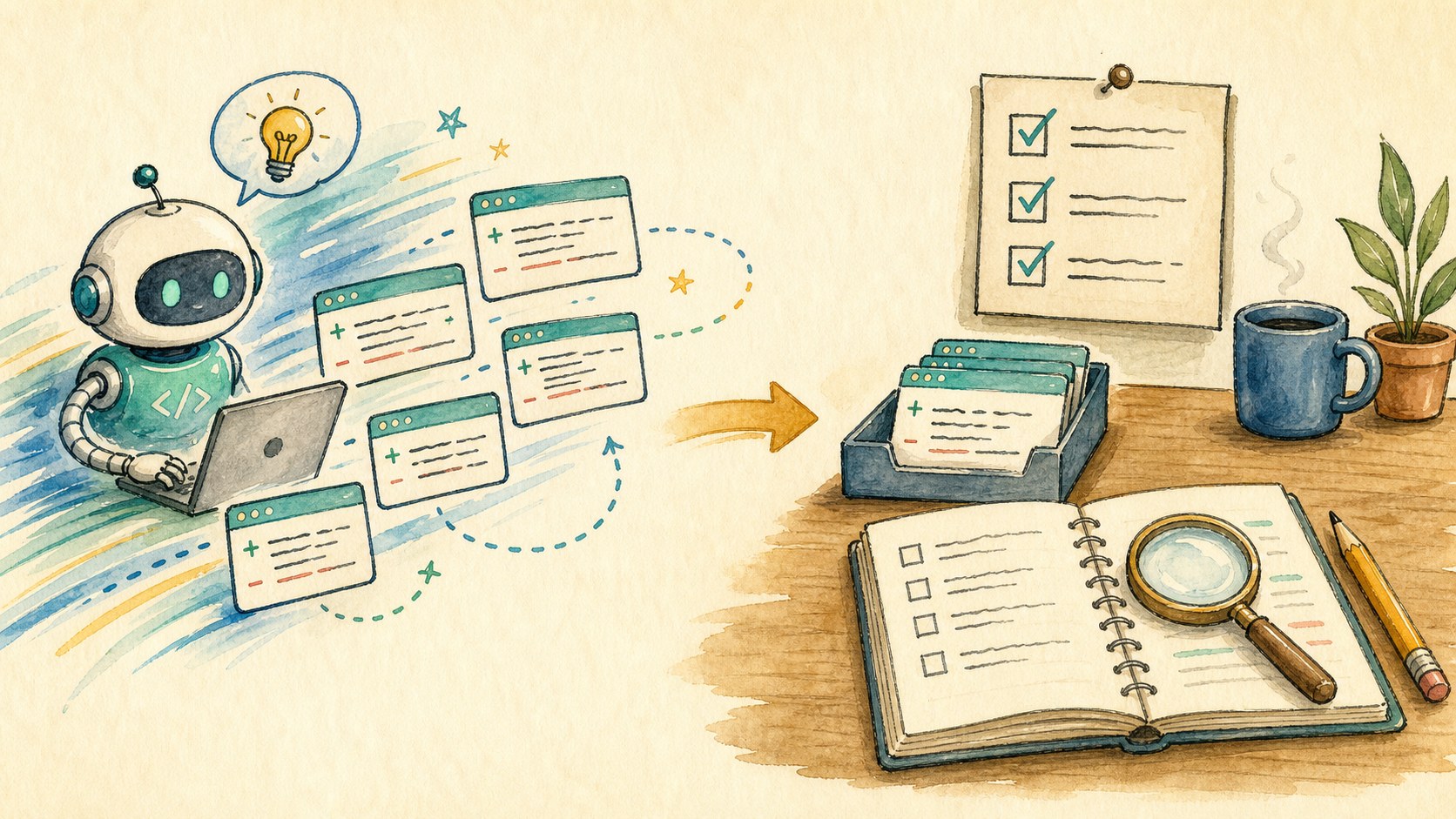 Illustration of fast agent work flowing into a slower review desk with checks and notes