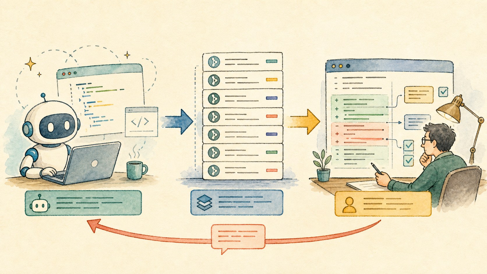 Illustrated workflow where agent commits are reviewed commit by commit with line comments sent back to Codex