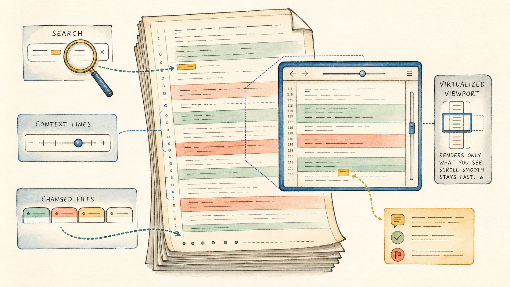 Illustration of a large diff with search, context controls, changed files, and virtualized sections