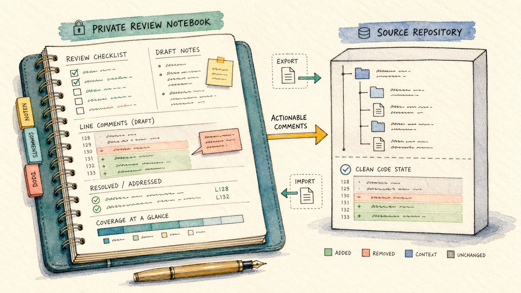 Illustration of private review notes and coverage state kept separate from repository code until actionable comments are sent to the agent