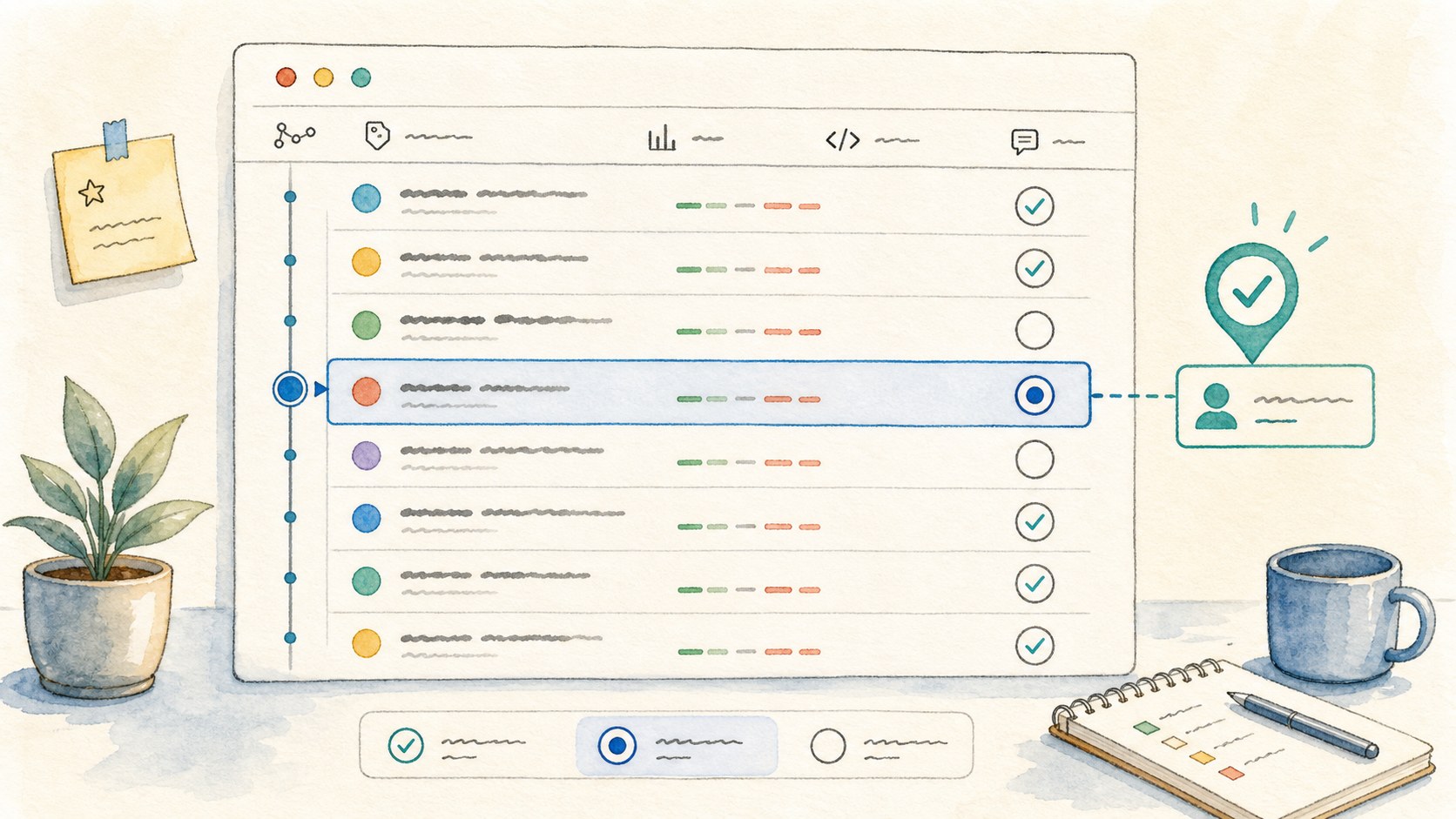 Illustration of a commit list with reviewed and unreviewed checkboxes