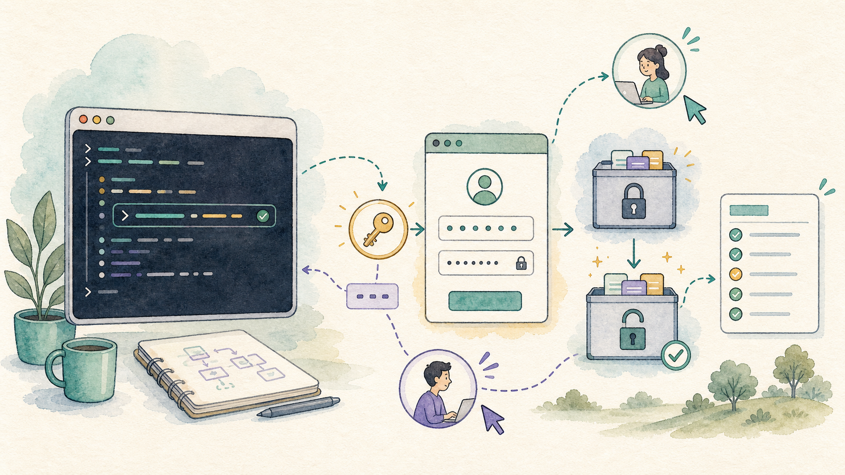 Illustration of GitHub CLI authentication with a terminal, key, browser login card, and unlocked repository