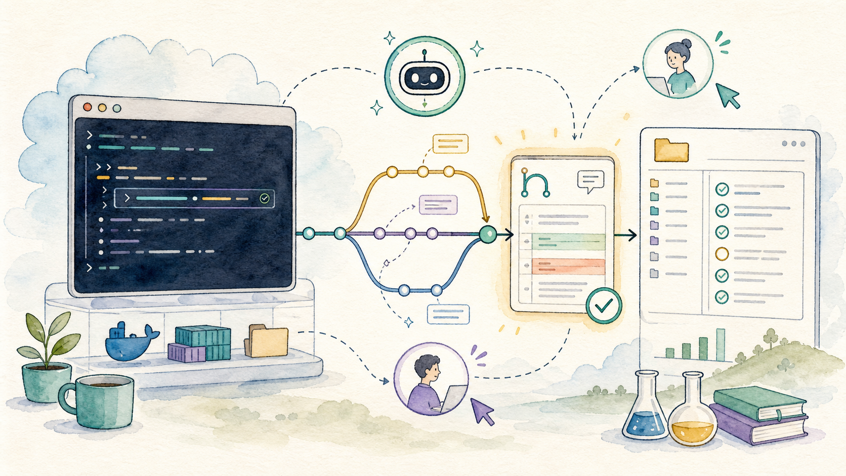 Illustrated workflow for using GitHub and pull requests from CoCalc-AI