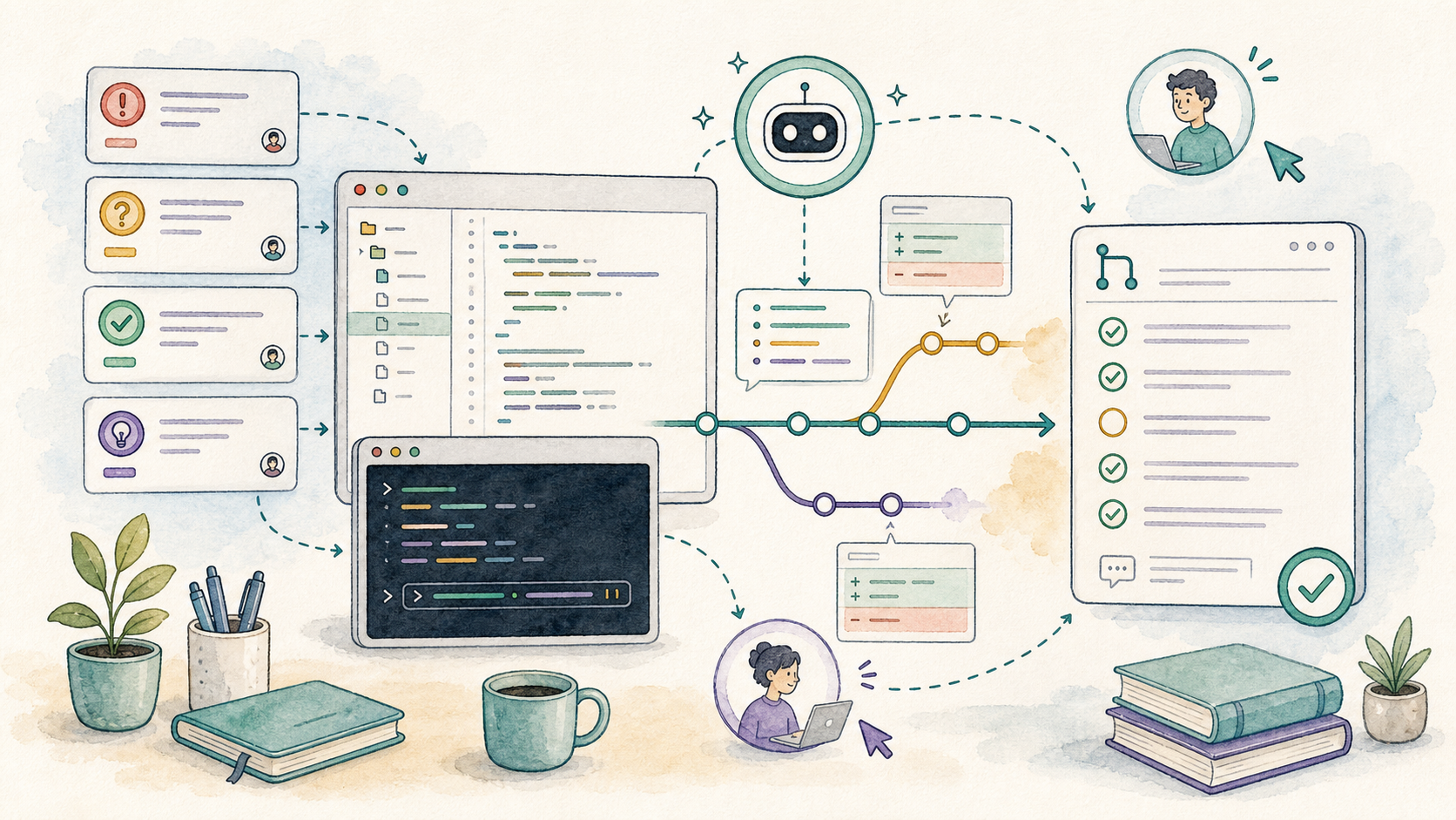 Illustration of Codex helping turn issue cards, code edits, branch flow, and a pull request checklist into reviewable work