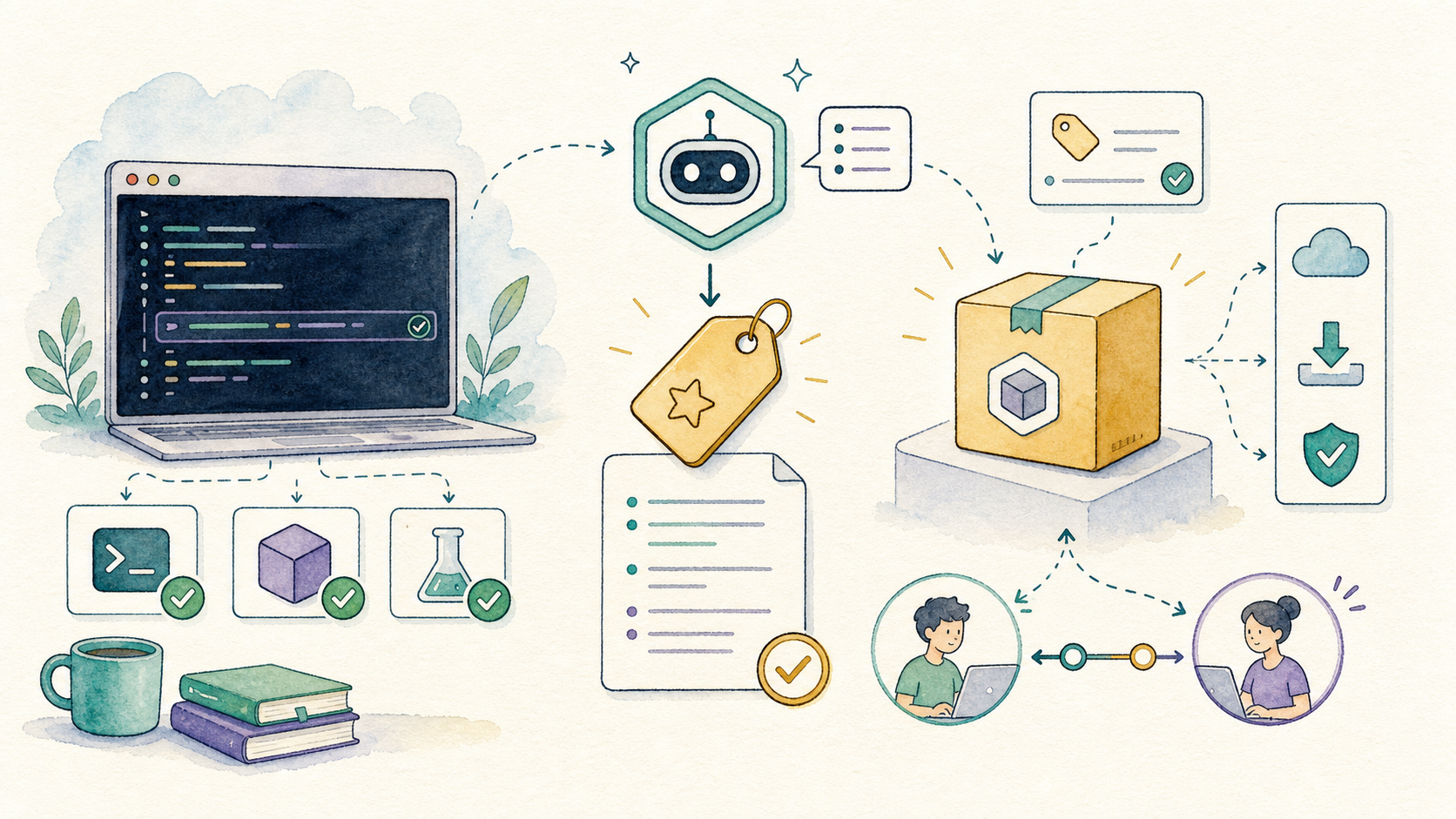 Illustration of a terminal, release tag, changelog, package artifact, and verification checks flowing into a GitHub release