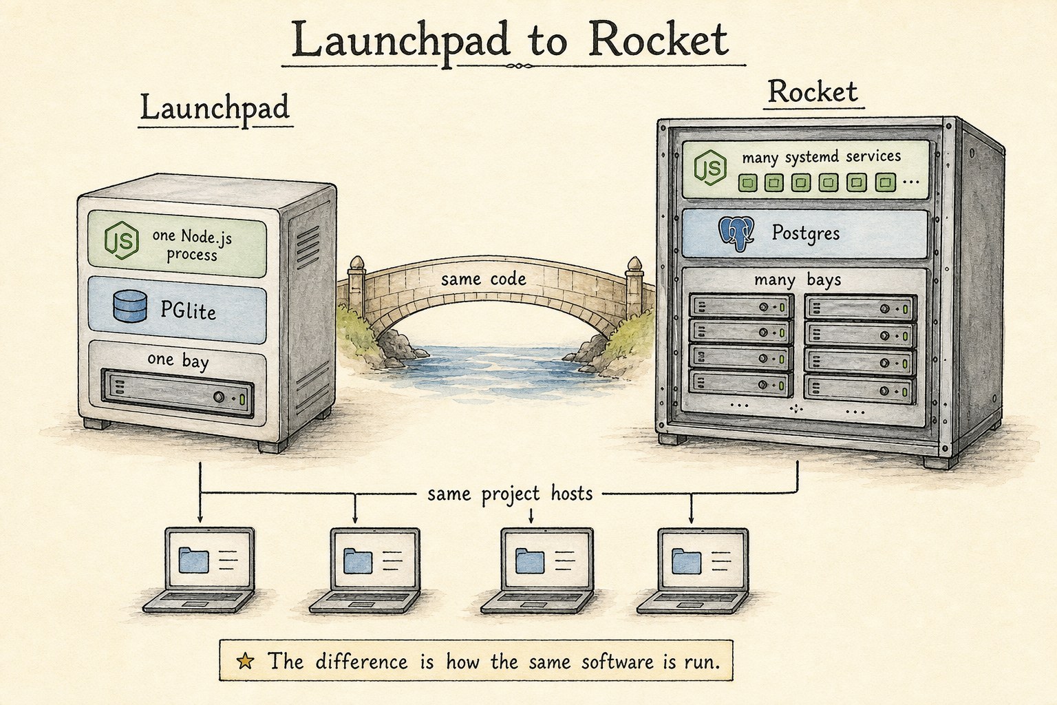 Diagram comparing Launchpad and Rocket, with same code, PGlite, Postgres, one Node.js process, many systemd services, one bay, many bays, and same project hosts