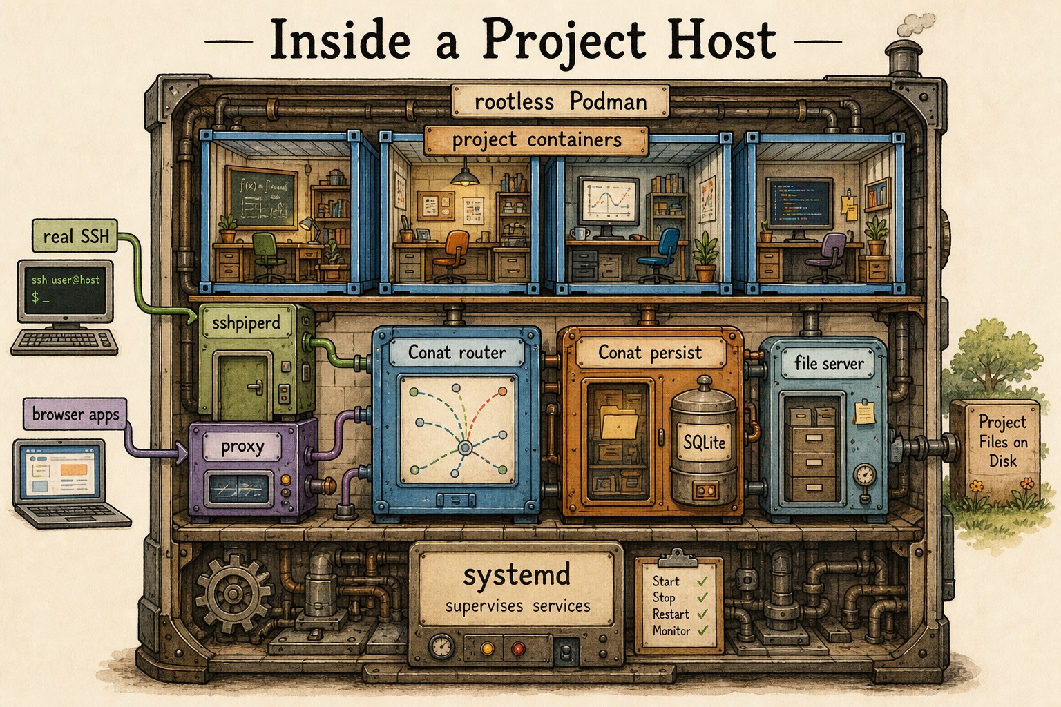 Cutaway diagram of a CoCalc project host with rootless Podman, sshpiperd, proxy, Conat router, Conat persist, file server, SQLite, and systemd