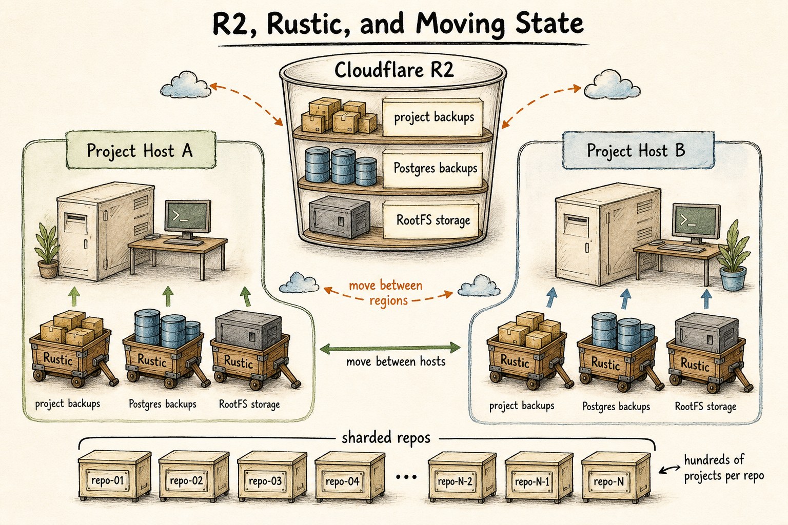 Diagram showing Cloudflare R2, Rustic, project backups, Postgres backups, RootFS storage, sharded repos, and movement between hosts and regions