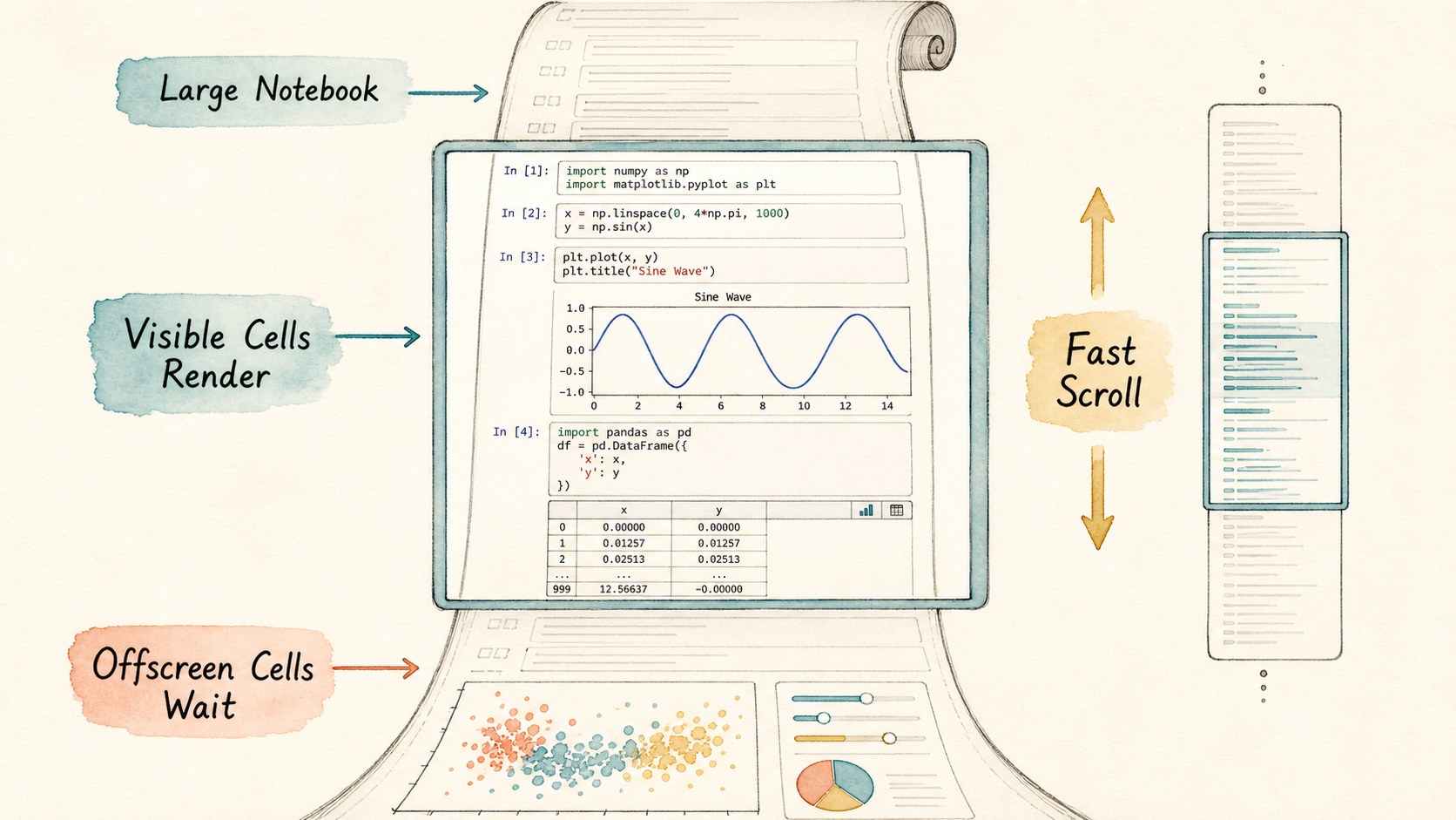Illustration of a large Jupyter notebook where visible cells render while offscreen cells wait