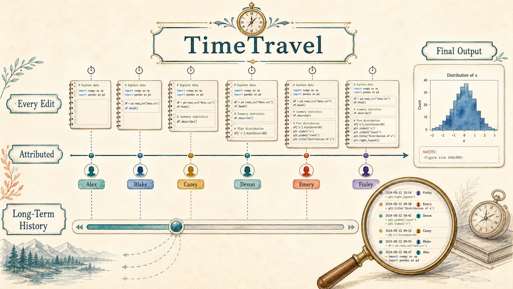 Illustration of a TimeTravel timeline for notebook edits with attributed revisions and final output