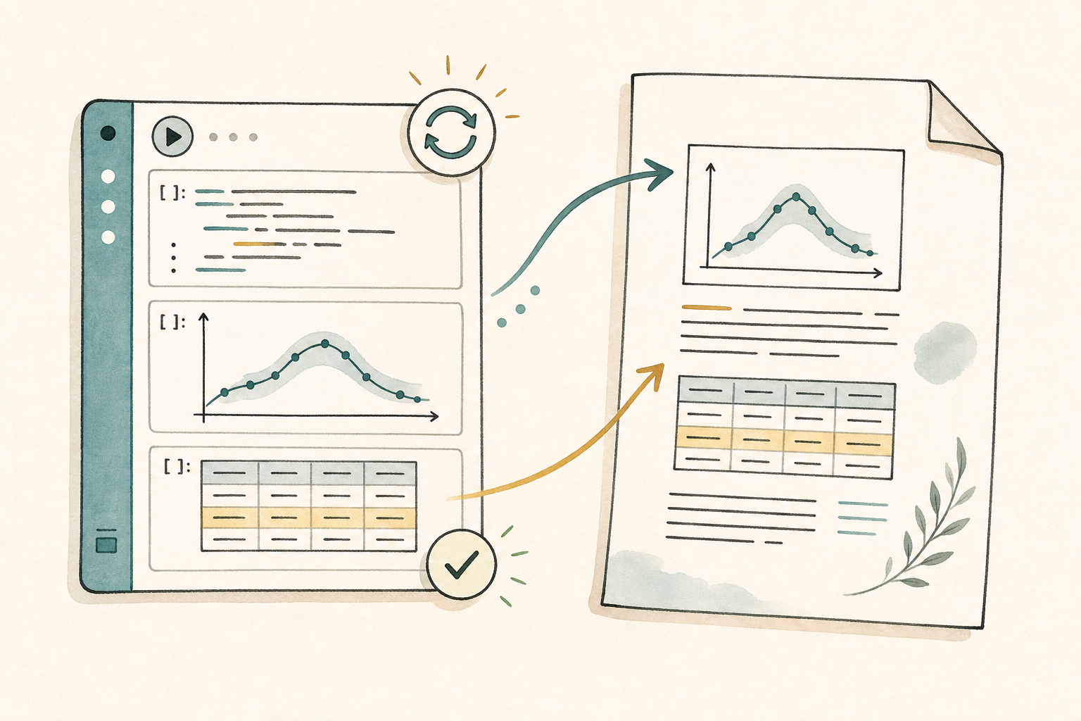 Illustration of a Jupyter notebook result flowing into a LaTeX paper figure or table