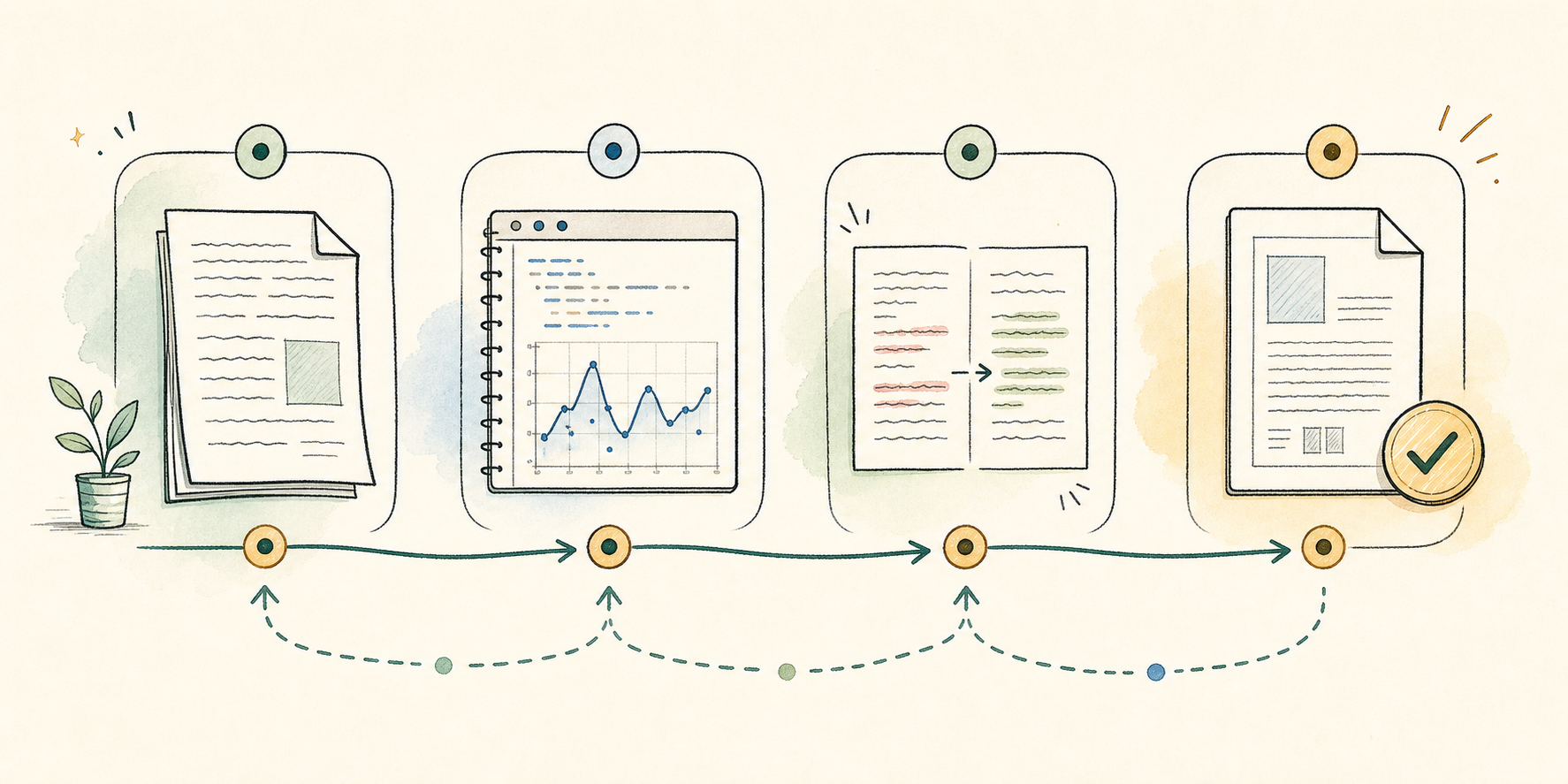 Illustration of a review trail from rough draft through notebook run, patch, and final PDF