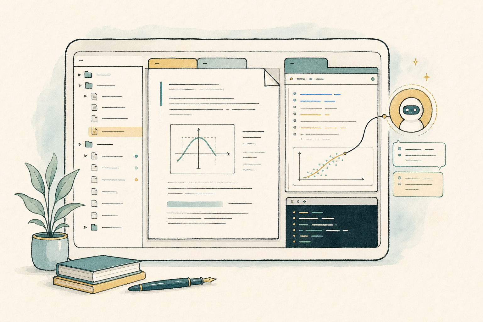 Illustration of a focused CoCalc paper workspace with files, draft, and agent thread