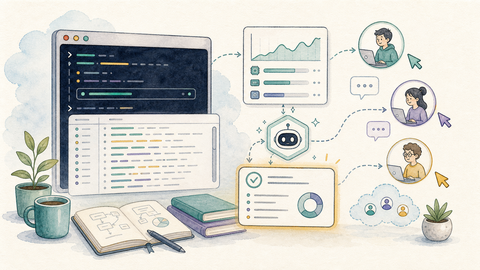 Illustration of shared terminal history, logs, resource graphs, collaborator cursors, and a Codex status summary