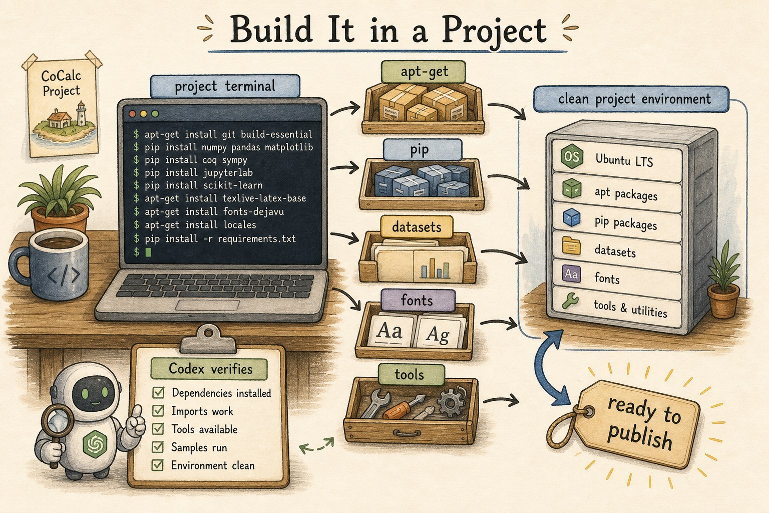 Illustration of a terminal, package manager, data files, and Codex preparing a project environment