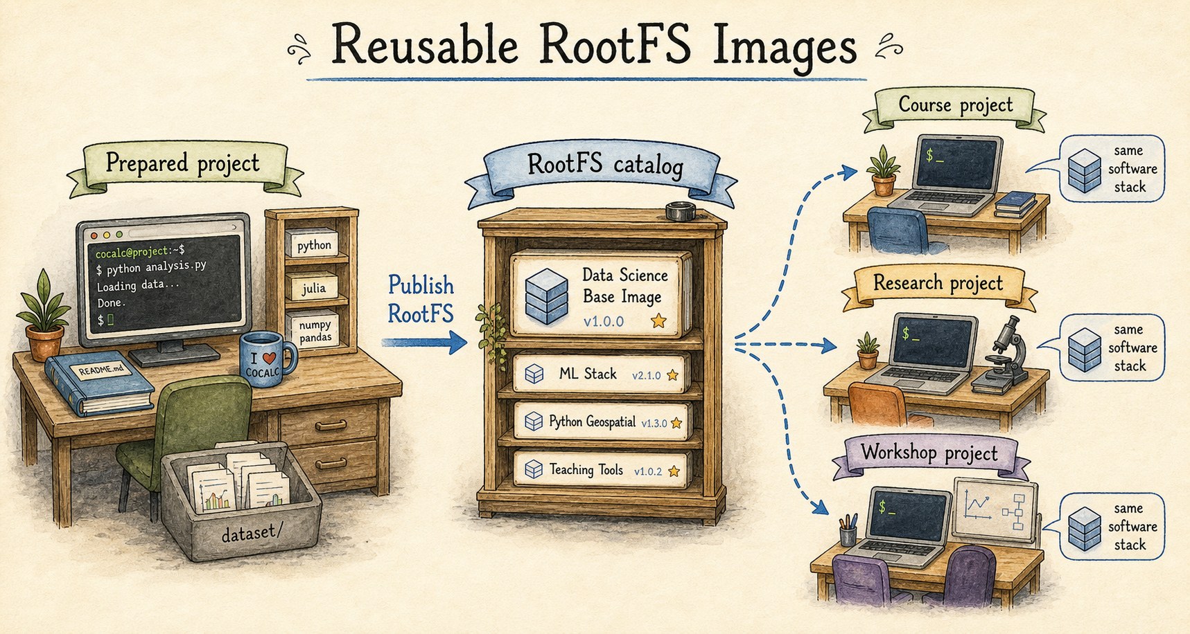 Illustrated workflow for publishing and reusing a CoCalc-AI RootFS image