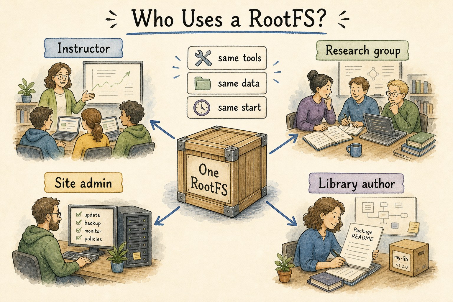 Illustration showing instructors, researchers, site admins, and software authors reusing one RootFS environment