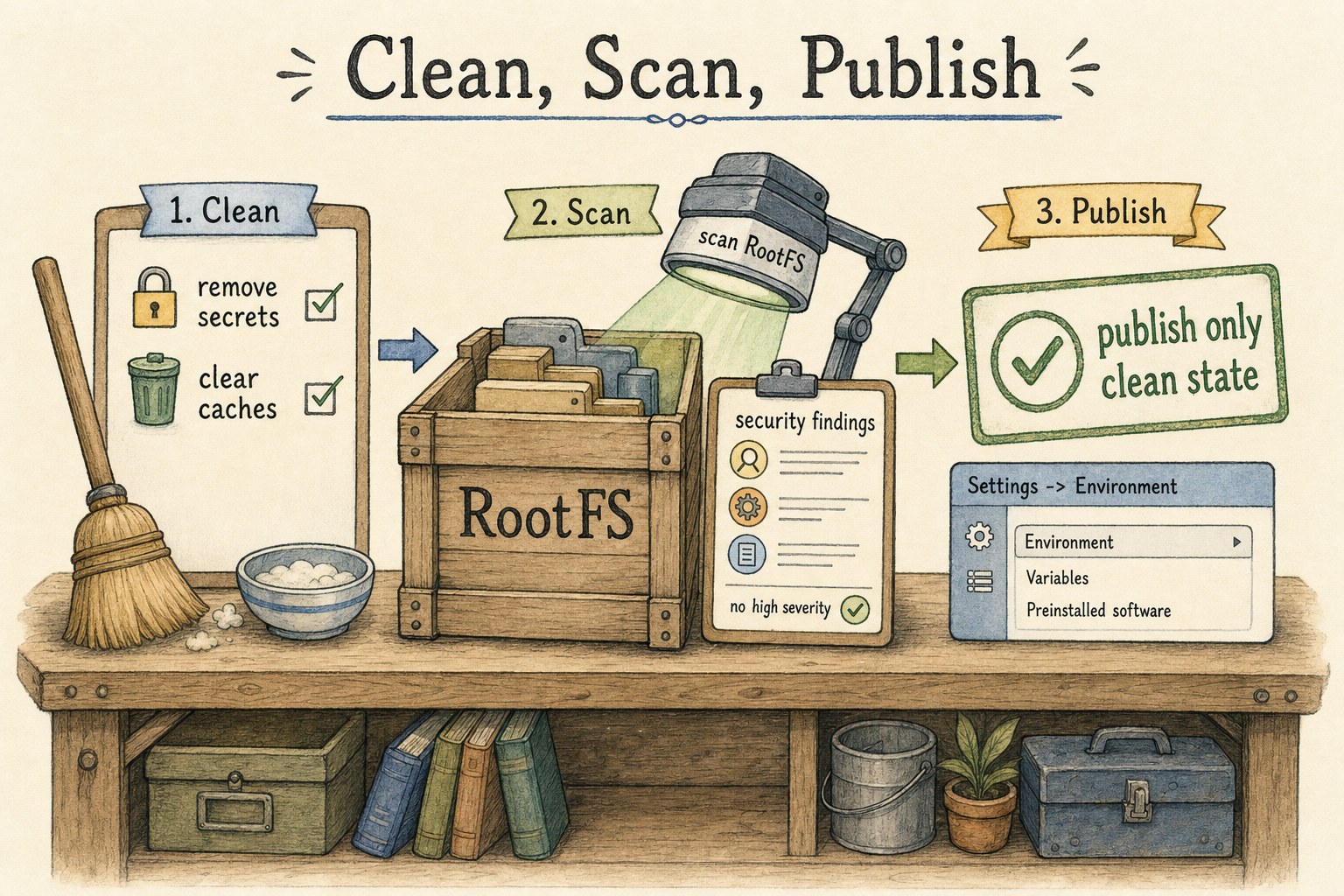 Illustration of a RootFS being cleaned, scanned, and checked before publication