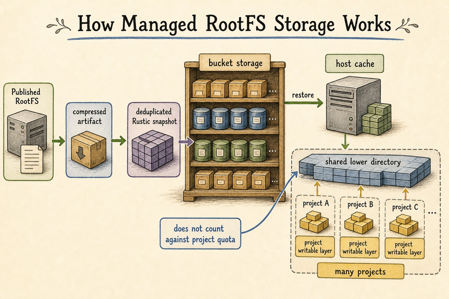 Illustration of a compressed deduplicated bucket artifact restoring into shared host cache and many project overlays