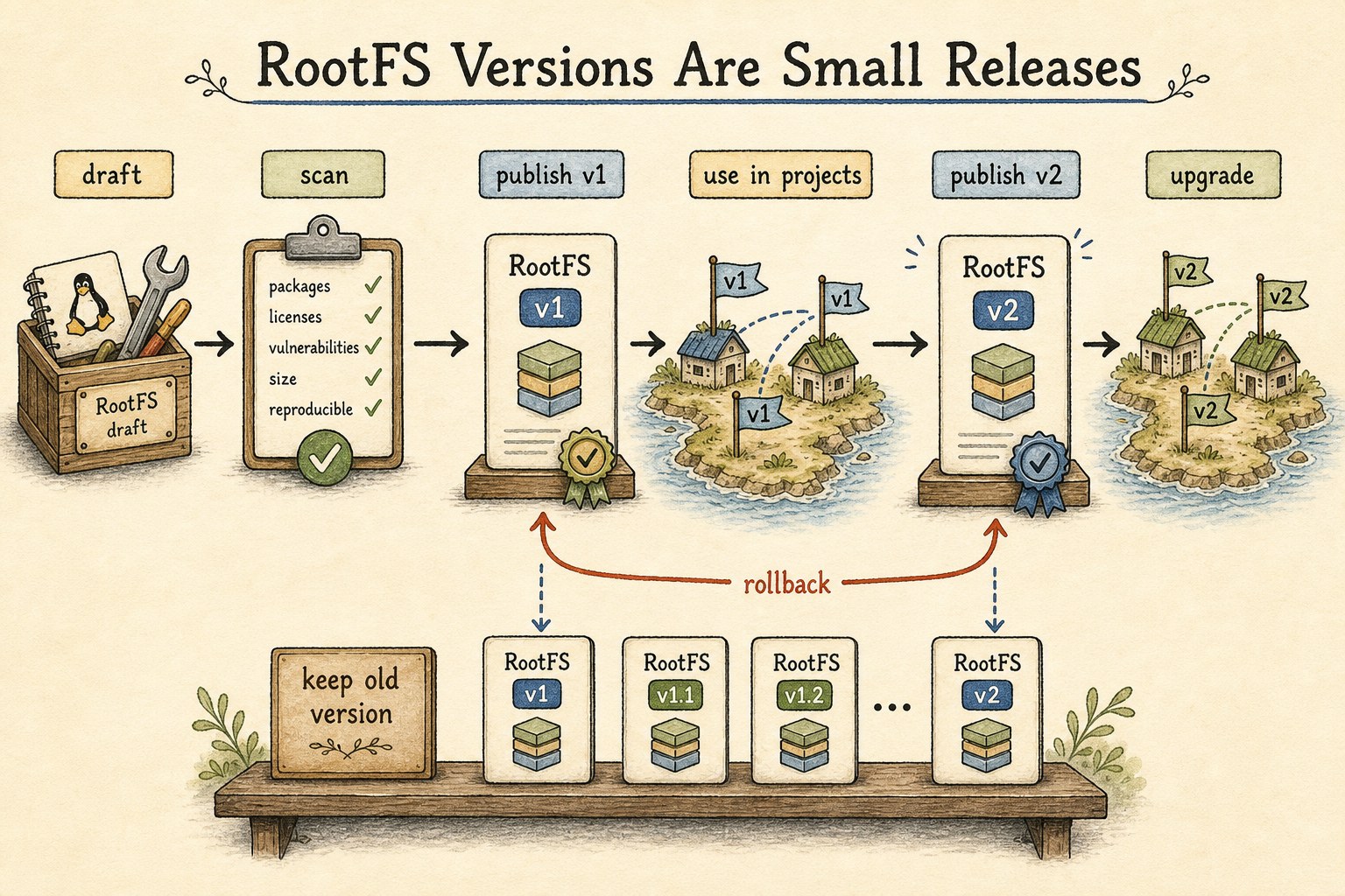 Illustration of RootFS versions moving from draft to published to upgraded and rolled back