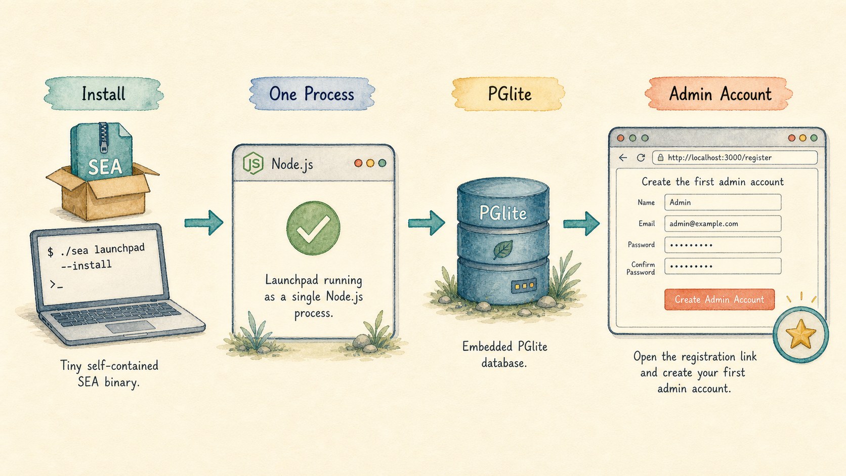 Illustration of installing a Launchpad SEA binary, starting one process with PGlite, and creating an admin account
