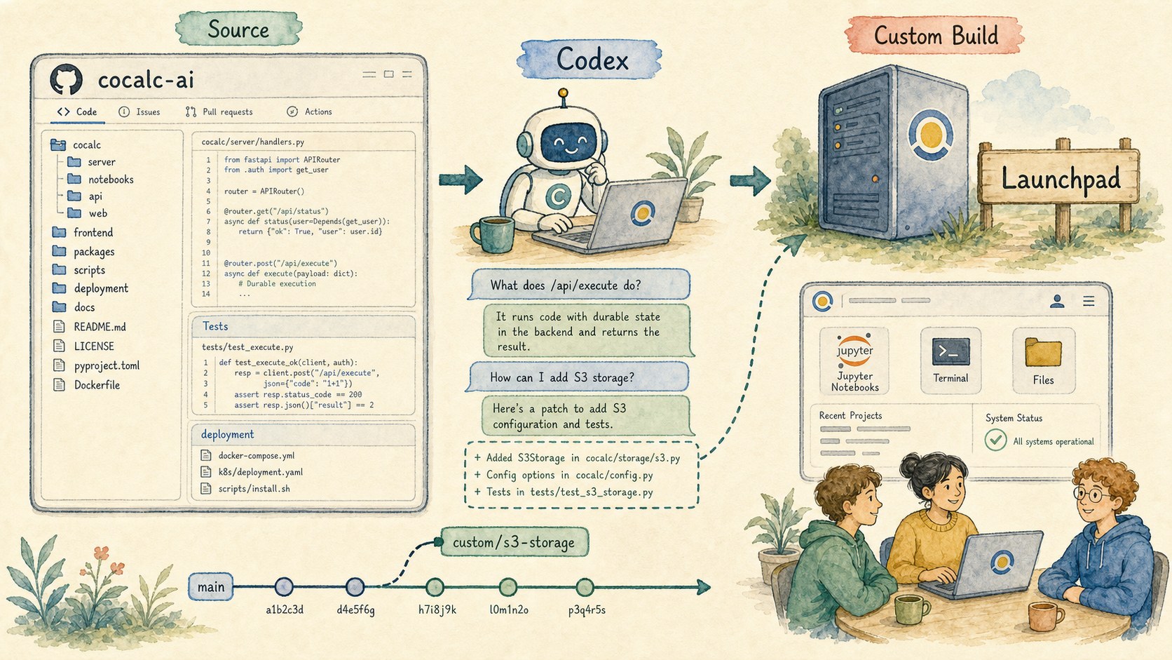 Illustration of Codex reading the cocalc-ai source repository, running tests, and producing a custom Launchpad build
