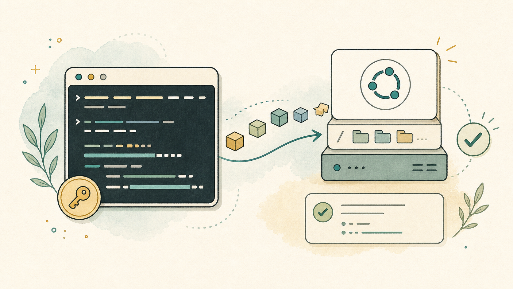 Illustration of apt installing system packages into an Ubuntu root filesystem and ending with a verification check