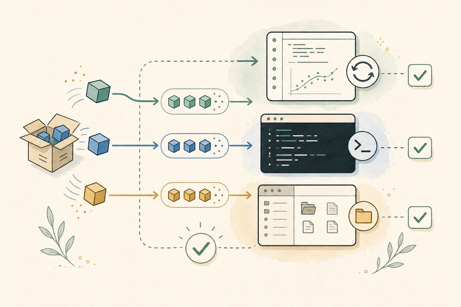 Illustration of language packages flowing to the matching notebook, terminal, and project environments