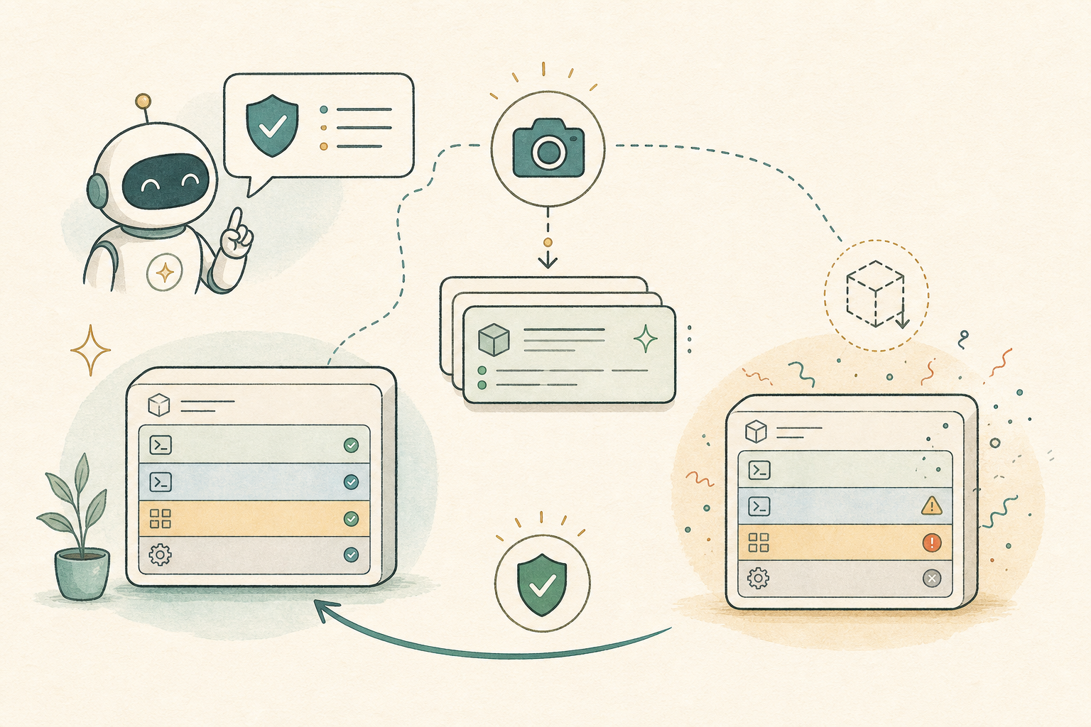 Illustration of taking a snapshot before a risky install and restoring the container root filesystem if needed