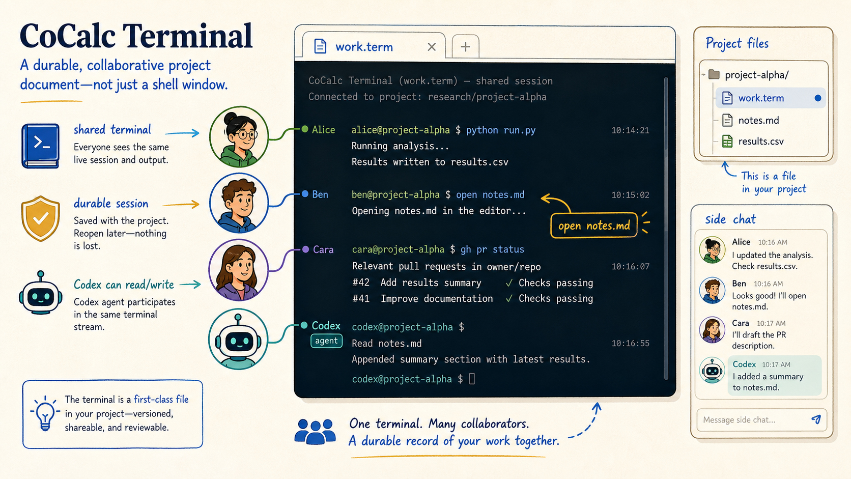 Illustrated CoCalc terminal with a shared work.term file, collaborators, Codex, project files, and side chat